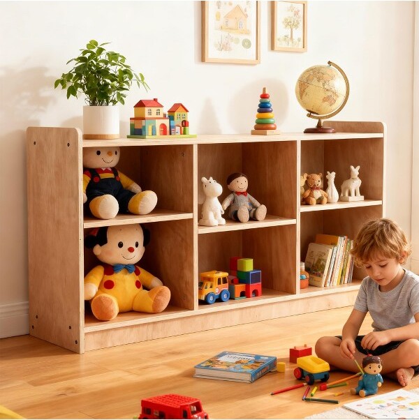 TROPOW MontessoriWoodenStorageShelf5-CompartmentToy&BookOrganizerwithAdjustableDividersNaturalFinishKids'BookcaseforPlayrooms