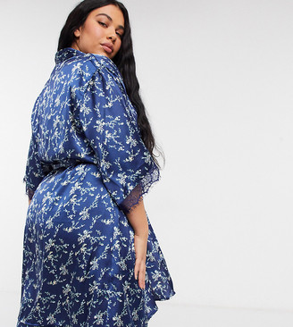 Vero Moda Curve satin kimono in navy floral print - ShopStyle Robes