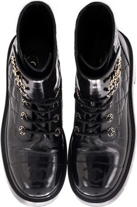 Chanel Women's Chain CC Cap Toe Lace Up Combat Boots Quilted Shiny Calfskin  - ShopStyle