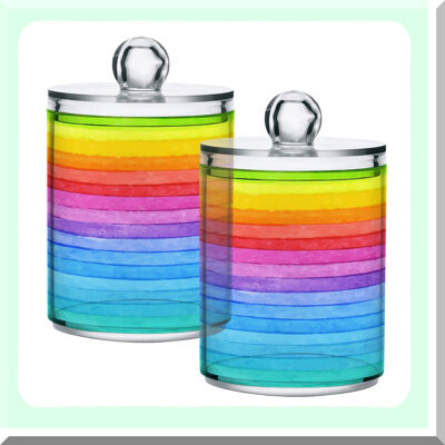 BRBCA Rainbow Stripe Cotton Swab Holders - 2 Pack Clear Plastic Apothecary Jars with Lids for Cotton Balls, Swabs, Rounds, Floss - Bathroom Vanity Organizer