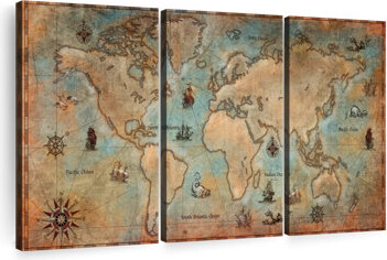 Breakwater Bay Vintage Map Pirate World Map On Canvas 3 Pieces Set