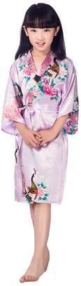 Honeystore Girls' Satin Silk Kimono Robe Peacock Children Spa Bathrobe Nightgown 10