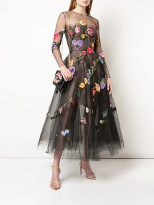 Oscar de la Renta Floral Embroidery Flared Dress