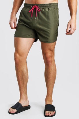 boohoo Mens Green Plain Runner Style Swim Shorts With Contrast Cords, Green