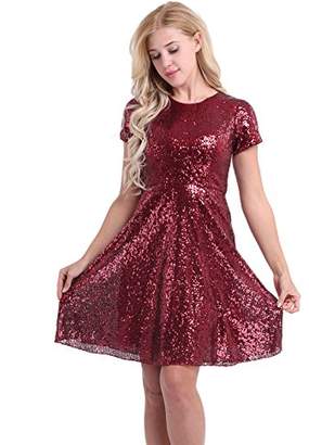 YiZYiF Women's Sequin Cocktail Party Short Sleeve Bridesmaid Skater Dress