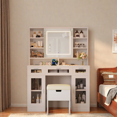 Makeup Vanity With Led Sliding Mirror, 3 Drawers, 2 Rgb Cabinets, Open Shelves, Charging Station And Storage Stool