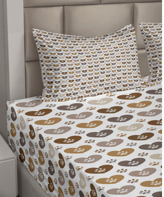 Ambesonne Pet Sheet Set Paws Pattern Hearts Ornament Pale Cinnamon and Warm Taupe