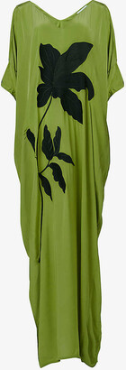 Leem Womens Khaki/Olive Floral-embroidered V-neck Woven Maxi Kaftan