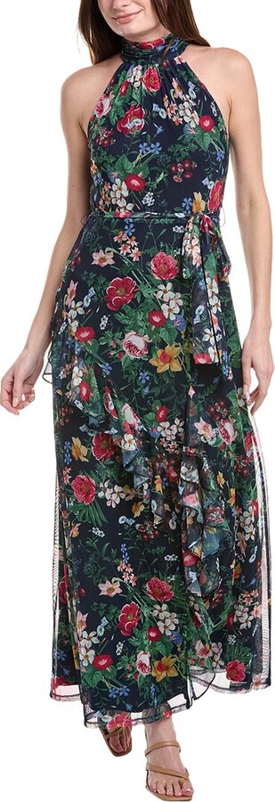 Anne Klein Printed Mesh Asymmetrical Ruffle Hem Maxi Dress