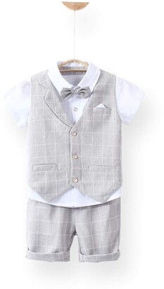 Angelmemory Toddler Boys Plaid Summer Suits Set Vest Set 3 Pieces Shirt Vest and Pants Set 