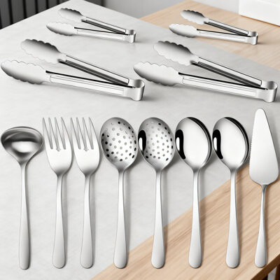 12-Piece Stainless Steel Serving Utensil Set With Spoons, Forks, Tongs, Ladle & Cake Server For Buffet Catering And Home Dining, Dishwasher Safe