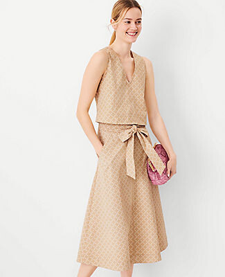 Ann Taylor Checked Tie Waist Seamed Full Midi Skirt