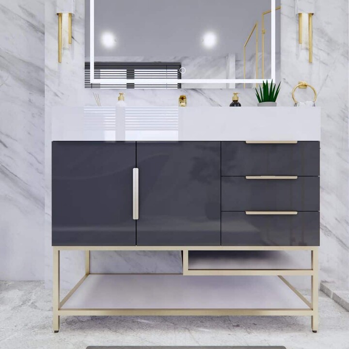 BV Better Vanity Bethany 42 in. W x 20 in. D x 36 in. H Single Sink Freestanding Bath Vanity in Gloss Gray with White Acrylic Top