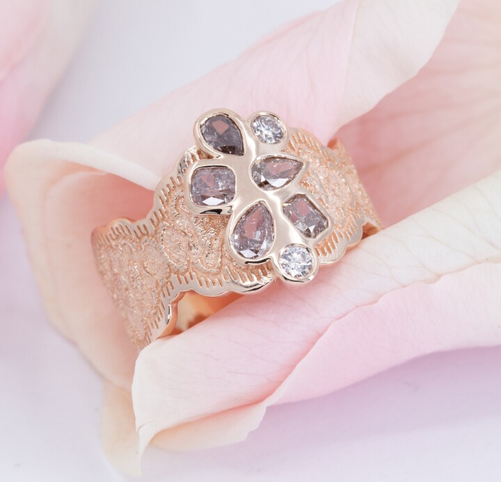 Etsy 14K Rose Gold Lace Ring Champagne Diamond Cluster Statement