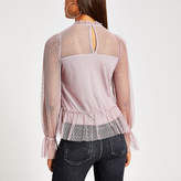 Thumbnail for your product : River Island Purple polka dot sheer long sleeve frill top