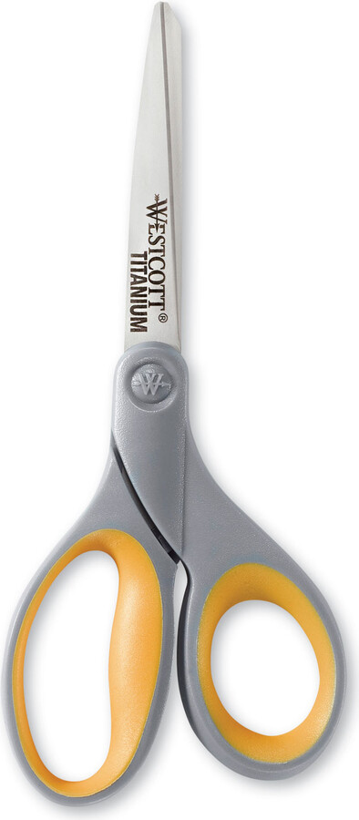 Westcott Acme Titanium Bonded Scissors, 8" Long, 3.5" Cut Length, Gray/Yellow Straight Handle Acm13529
