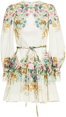 Zimmermann Daphne Belted Gathered Floral-print Linen Midi Dress