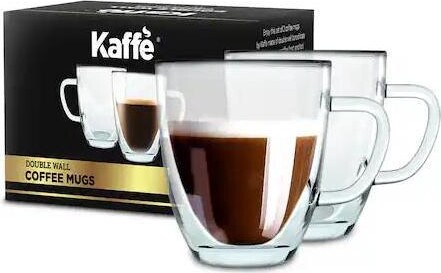 Kaffe KF4042 16oz Glass Coffee Mugs. Large Double-Wall Borosilicate Glass
