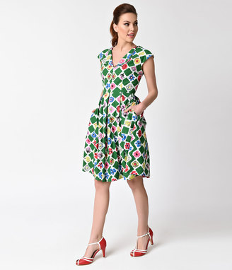Emily And Fin 1940s Style Green & Square Garden Annie Cotton Swing Dress