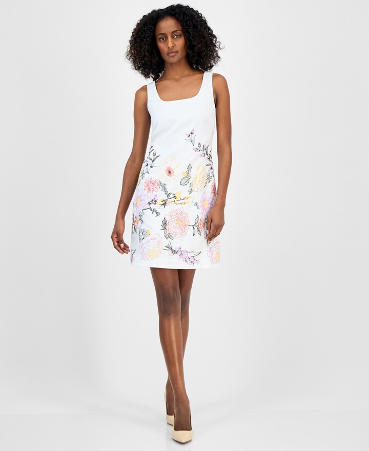 Tahari ASL Petite Embroidered Square-Neck Shift Dress Ivory