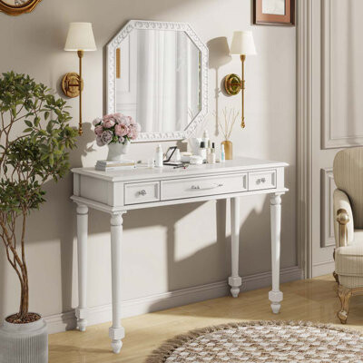 Retro Makeup Desk with Large Mirror, 3-Drawer Dressing Table for Jewelry Storage, Elegant Console Table for Bedroom, Living Room, Hallway & Foyer,Whit