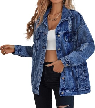 Long Sleeve Denim Jacket Ripped Jean Jacket Lightweight Stone