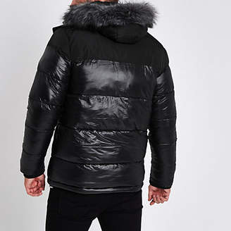 River Island Black faux fur trim hooded long puffer jacket
