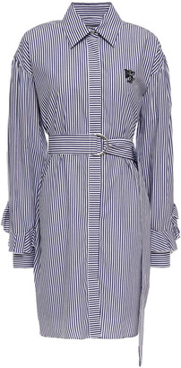 MSGM Belted Embroidered Striped Cotton-poplin Mini Shirt Dress