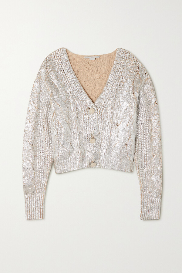 Stella McCartney Cropped Metallic Cable-knit Cotton-blend Cardigan - Silver  - ShopStyle