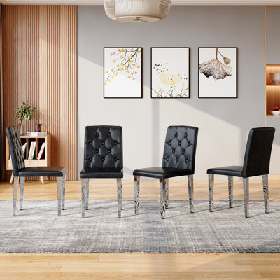 Wrought Studio Ergonomic Black Pu Dining Chairs, Metal Legs, Modern Elegant Design For Home And Hospitality