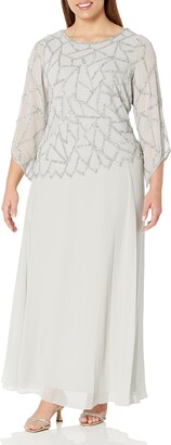 J Kara Women's Plus Size 3/4 Sleeve Geo Design Long Beaded Gown