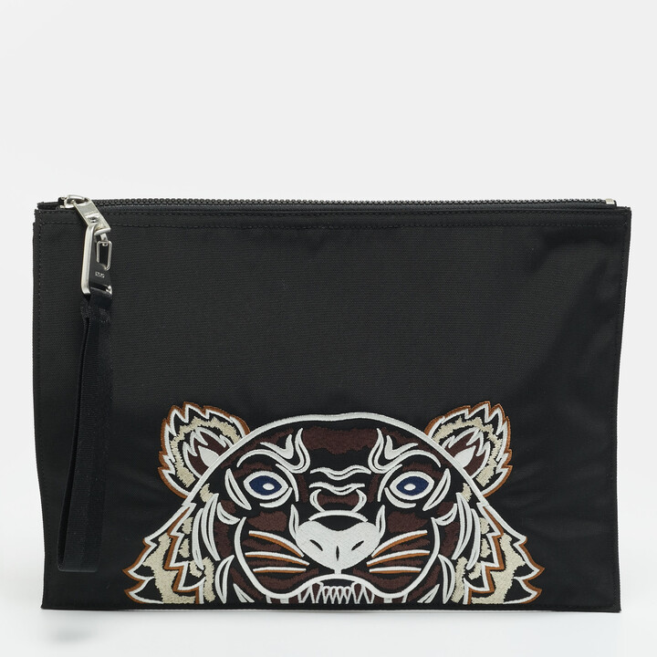 Kenzo Tiger Embroidered Black Nylon Flat Pouch