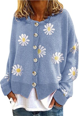 MMOOVV Ladies Cardigan Fashion Vintage Daisy Print Round Neck Cardigan Sweater Loose Casual Comfy Cardigan Blouse(Blue