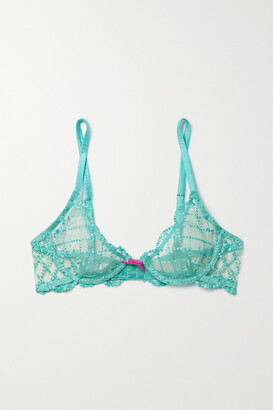 Fleur Du Mal Dotty Satin-trimmed Embroidered Recycled-tulle Underwired Soft-cup Bra - Blue