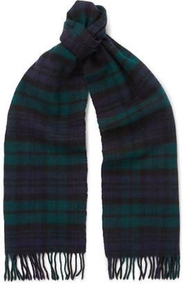 Drakes Easyday Fringed Black Watch Checked Wool Scarf
