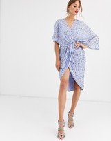 Thumbnail for your product : ASOS DESIGN DESIGN scatter sequin knot front kimono midi dress