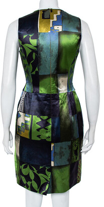 Etro Multicolor Printed Satin Embellished Waist Belt Detail Pleated Sheath Dress M