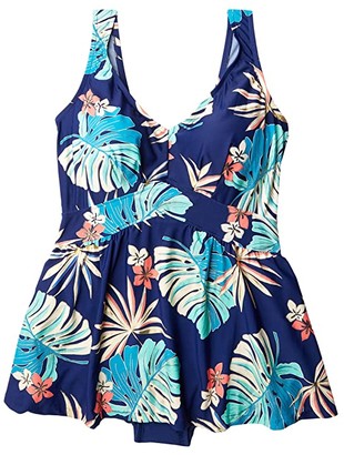 Maxine of Hollywood Swimwear Plus Size Hula Leaf Empire Swimdress One-Piece (Navy) Women's Swimsuits One Piece
