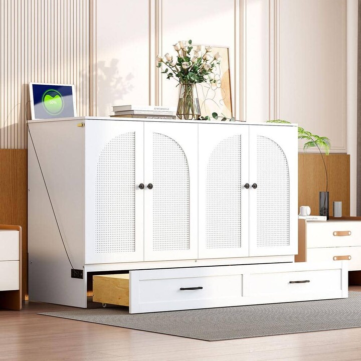 Harper&Bright Designs White Wood Frame Full Size Murphy Bed Modern Rattan Decorative Surface with Large Drawer, USB Charging Port