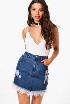 Thumbnail for your product : boohoo Lace Trim Distressed Denim Skirt