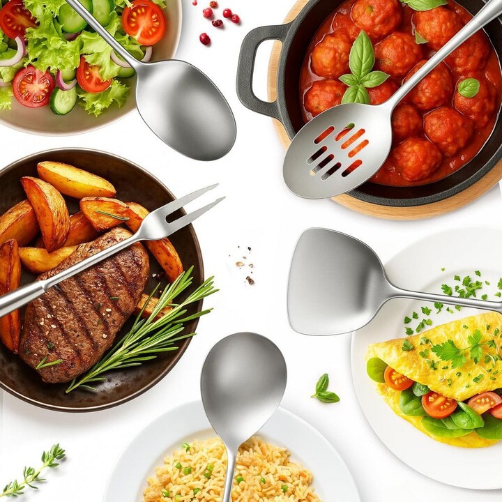 Wudkey 9-Piece Stainless Steel Kitchen Cooking Utensils Set with Ergonomic Handles Include Soup Ladle Slotted Skimmer Spaghetti