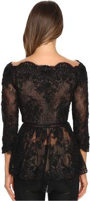 Marchesa Off the Shoulder Beaded Lace Peplum Top with 3/4 Sleeves and Lace Ladder Detail