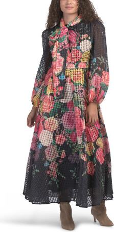 TJMAXX Balloon Sleeve Tie Neck Floral Maxi Dress For Women, Spandex/Polyester
