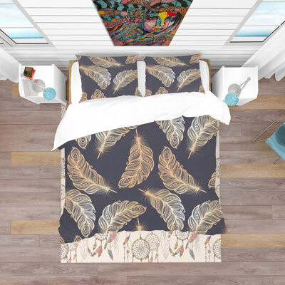 Design Art Pattern with Feathers - Modern Abstract Duvet Cover Set - Microfiber Polyester