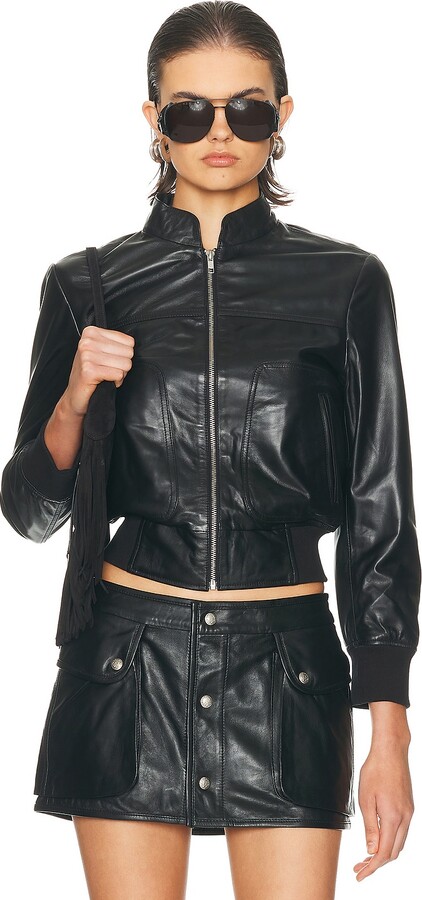 R 13 Shrunken Leather Jacket in Black