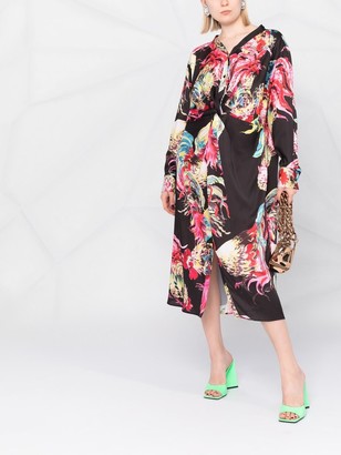 MSGM Gathered Rooster-Print Midi Dress