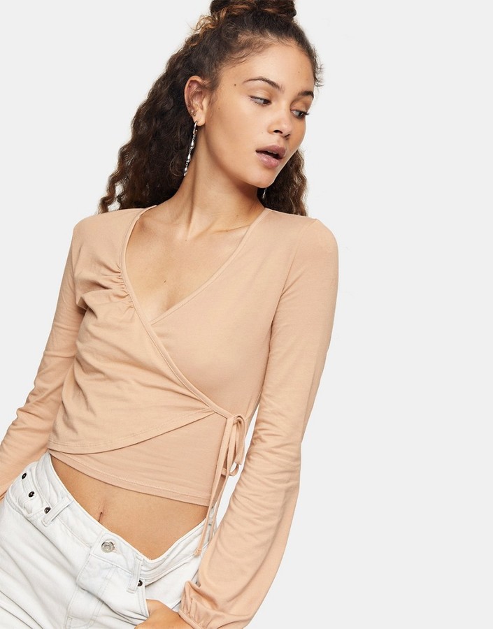Topshop long sleeve ballet wrap top in neutral - ShopStyle