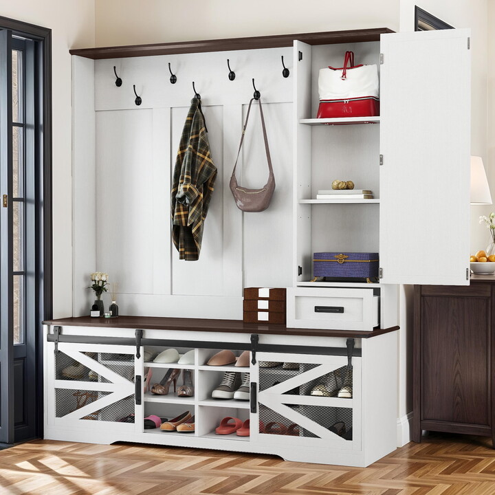 Uforic Hall Tree with Coat Rack, Shoe Storage Bench, Farmhouse Entryway Storage Organizer