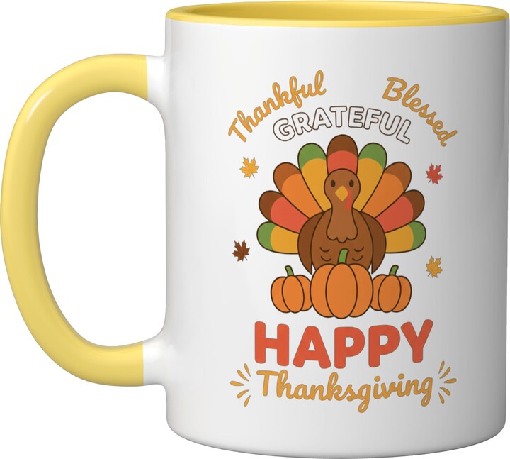 Harvest Holiday Crew Thankful Grateful Blessed Happy Thanksgiving Turkey Pumpkin Ceramic Mug, Yellow/White