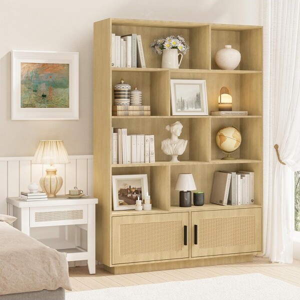 COZONY 5-TierBohoBookshelfwithRattanDoorsWoodenBookcasewithStorageforLivingRoomBedroomHomeOffice&Kitchen